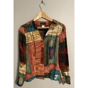 Vintage Womens Top Size 6 Colorful Abstract Rayon Button Up Art to Wear Wacky